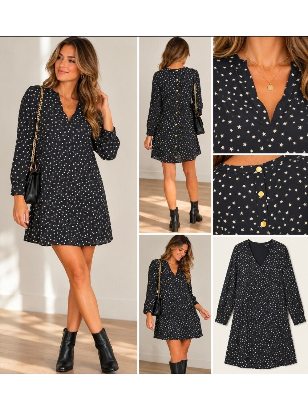 Madewell Star Scatter 100% Silk Button Back Dress Black White Stars Small S